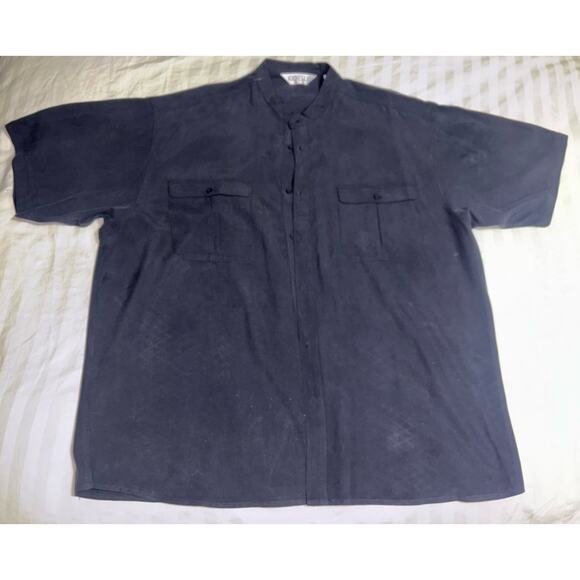 VINTAGE MENS GENELLI Black Monotone SILK SHIRT NEHRU COLLAR 2XL Short Sleeved - Picture 2 of 8